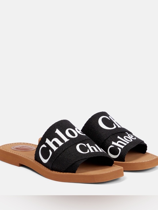 Chloe Shoes - Chloé Black Logo Ribbon Slide Sandals with Tan Footbed